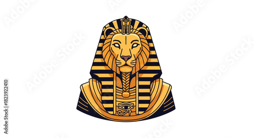 Illustration of a majestic lion's head wearing a golden Egyptian pharaoh's Nemes headdress.