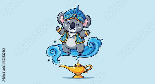 Cute Koala Genie Flying Out of Magic Lamp Cartoon Illustration