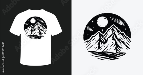 Mountain landscape design with moon and stars in circle shape for t-shirt print vector illustration