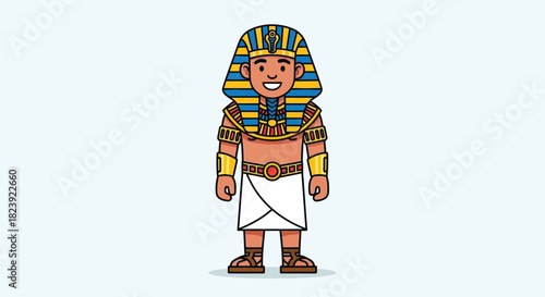 A cartoon illustration of an ancient Egyptian pharaoh smiling and standing in traditional attire.