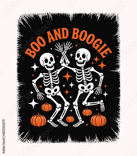 Halloween skeletons dancing boo and boogie party pumpkins stars spooky season october design art t-shirt design