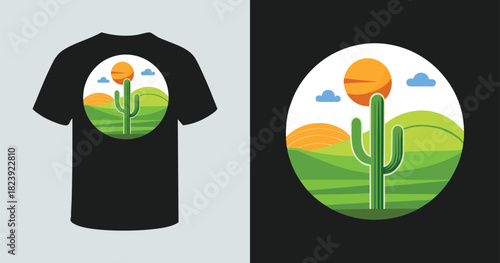 Minimalist desert landscape illustration with a tall cactus under a setting sun