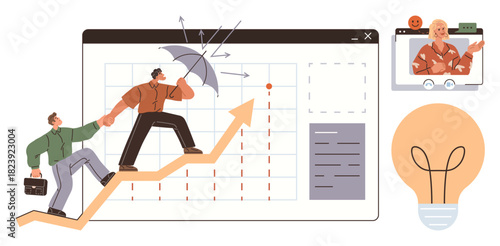 Two professionals climb upward arrow holding hands, shield deflects obstacles, graph tracking performance, virtual call with smiling guide, glowing lightbulb. Ideal for growth, teamwork, leadership
