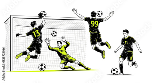 Dynamic soccer players in action illustration with goalkeeper saving the ball, creating a vibrant sports scene perfect for athletic brands and promotions