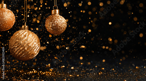 Elegant black and gold holiday banner with hanging ornaments, sparkling glitter, and festive golden dust for premium Christmas and New Year designs.