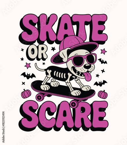 Halloween skate or scare dog skeleton skateboarder graphic design for spooky season and fun trick or treat t-shirt design