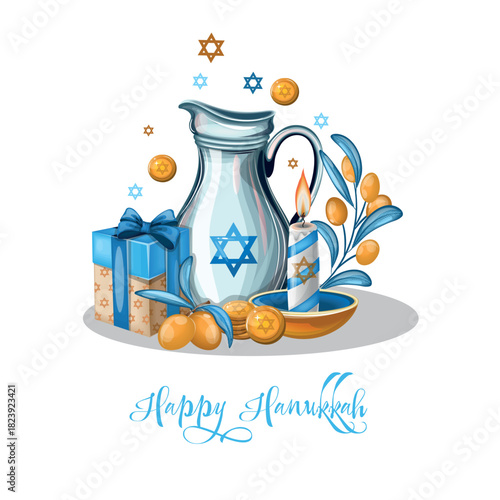 Happy Hanukkah illustration with candle and gift