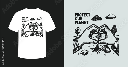 Protect our planet graphic design for t-shirt or poster featuring hands forming a heart around a growing tree