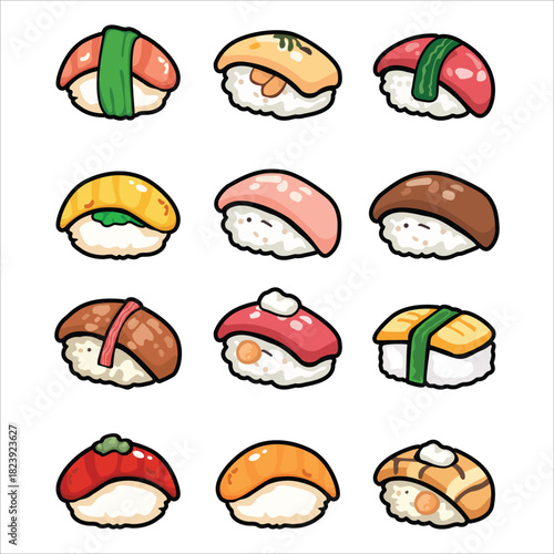 PrintA set of cute maki sushi roll icons in cartoon style. Includes various rolled sushi designs suitable for menus, stickers, branding, and food illustration projects.
