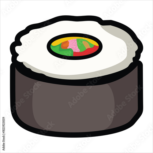 A collection of cute and colorful sushi icons in cartoon style. This vector set includes various maki rolls, nigiri, and Japanese seafood illustrations, perfect for menu design