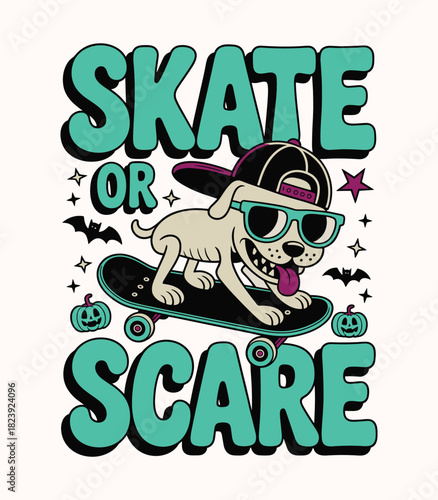 Skateboarding dog halloween design vector illustration skate or scare spooky season graphic design t-shirt design