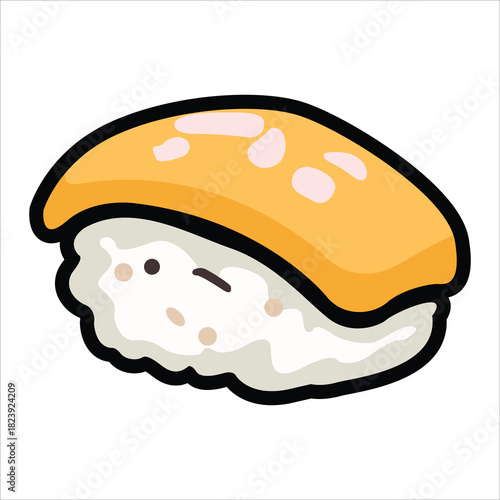 A collection of cute and colorful sushi icons in cartoon style. This vector set includes various maki rolls, nigiri, and Japanese seafood illustrations, perfect for menu design