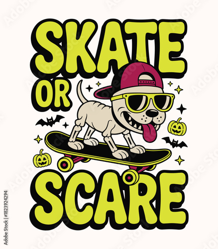 Skate or scare halloween dog skateboarding cartoon vector illustration design graphic art print tee 100 t-shirt design