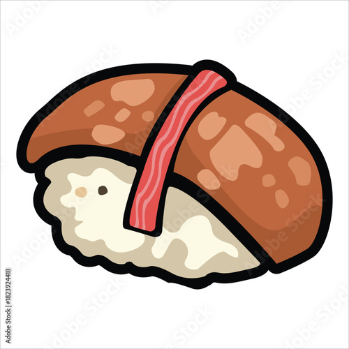 A collection of cute and colorful sushi icons in cartoon style. This vector set includes various maki rolls, nigiri, and Japanese seafood illustrations, perfect for menu design