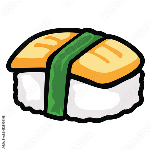 A collection of cute and colorful sushi icons in cartoon style. This vector set includes various maki rolls, nigiri, and Japanese seafood illustrations, perfect for menu design