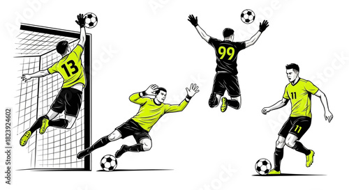 Dynamic soccer players in action, vector illustration perfect for sports branding or promotional content, capturing the energy of the game