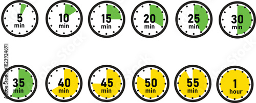 Circular Timer Icons Set - 5 Minute to 1 Hour Intervals