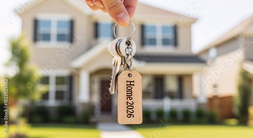 Home 2026 Real Estate Concept Hand Holding Keys Blurred House Background