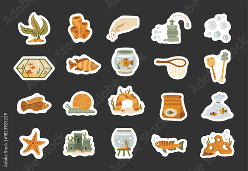 Aquarium set in scandinavian style for creating underwater scenes with various marine items and elements perfect for enhancing illustration projects through charming aquatic designs