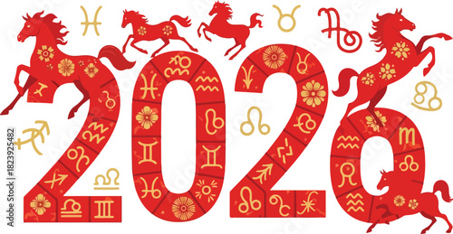 Zodiac symbols decorate a red 2020 graphic with horse figures a Chinese new year theme
