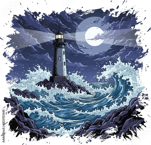 A Lighthouse on the coastal surrounding with sea wave