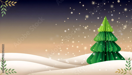 Wallpaper Mural Paper-cut Christmas tree in snowy winter landscape with glowing snow and gradient sky Torontodigital.ca