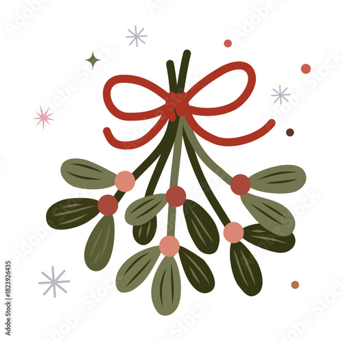 Minimalist mistletoe vector illustration with red ribbon bow, green leaves, red berries, snowflakes, and festive decorative elements on transparent background for modern holiday design