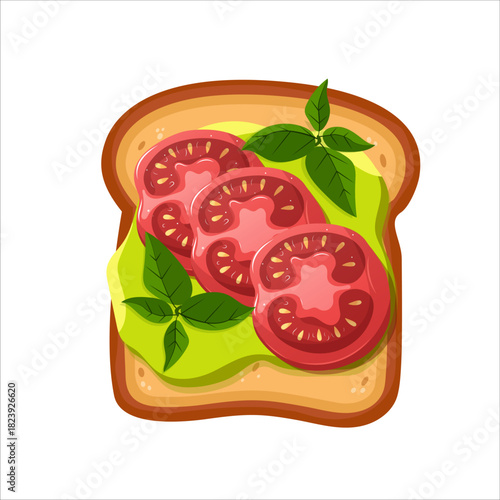Cute sandwich with avocado and tomatoes, basil leaves. Flat vector illustration of healthy breakfast.
