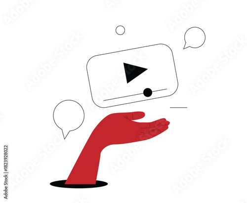 Hand with Line Art Video Tutorial Player and Speech Bubbles. Computing and informational digital systems vector art, online learning