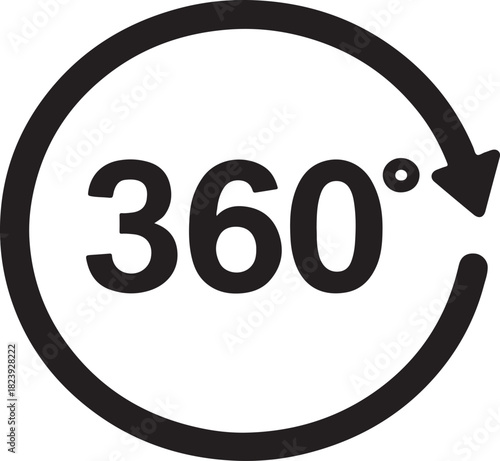 360 degree icon in bold vector style, perfect for rotation, view, panorama, virtual tour and navigation concepts.