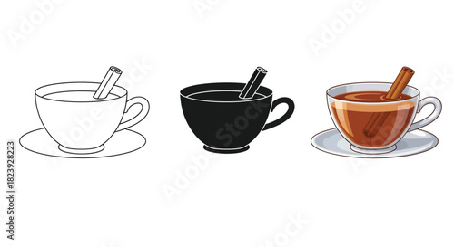 Hot drink in a cup with cinnamon stick, shown in outline, silhouette, and full color styles