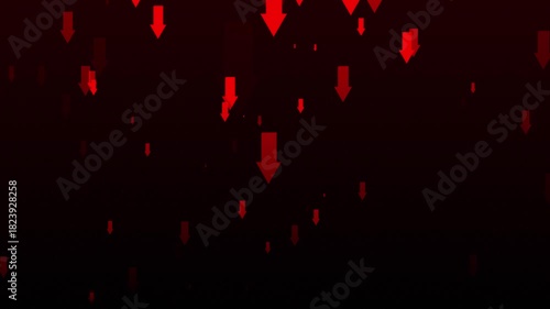 red arrow going down for inflation, risk and recession, market crash or finance problem. Economy, depression and loss of value in weak currency in financial crisis with problem