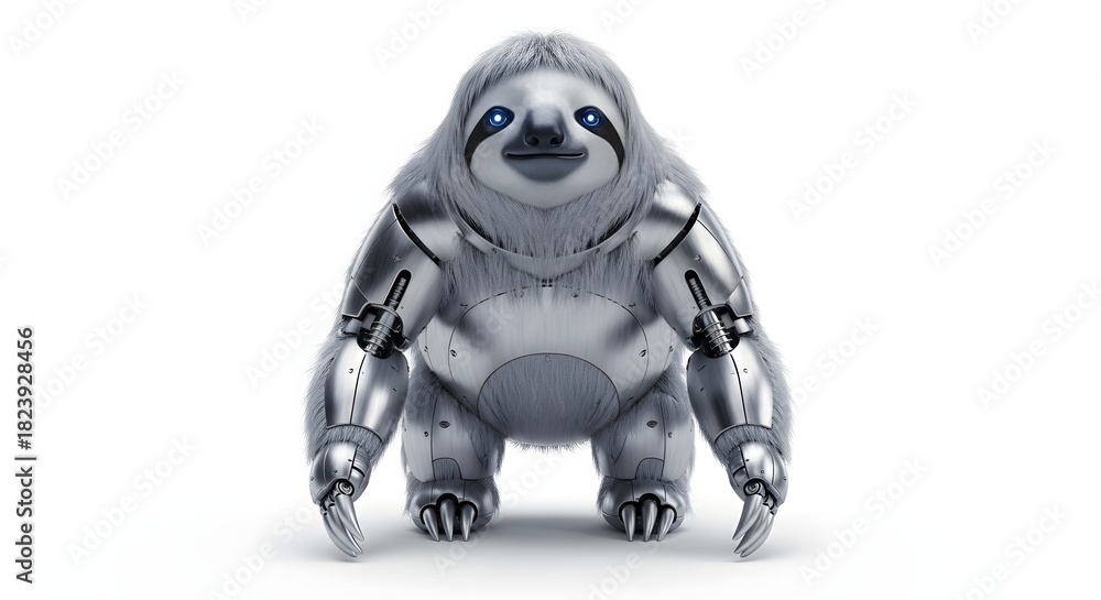 Obraz premium Robotic sloth with metallic limbs standing on a white background isolated on white background