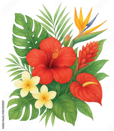 Tropical flower arrangement, vibrant mix of tropical blooms