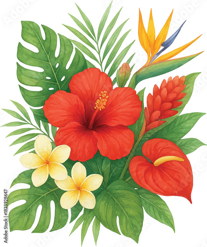 Tropical flower arrangement, vibrant mix of tropical blooms