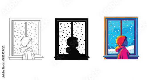 Three artistic interpretations of a child gazing through a window at a snowy winter scene, showcasing different styles from line drawing to vibrant color