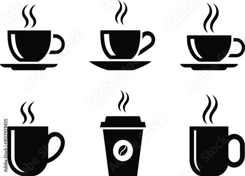 Coffee cup icon set, steaming mug symbols, takeaway and saucer styles, black silhouette beverage design, café graphic illustration