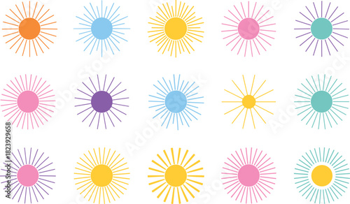 Colorful burst icon set, circular sun shapes, vibrant radial design elements, abstract star pattern, creative graphic illustration