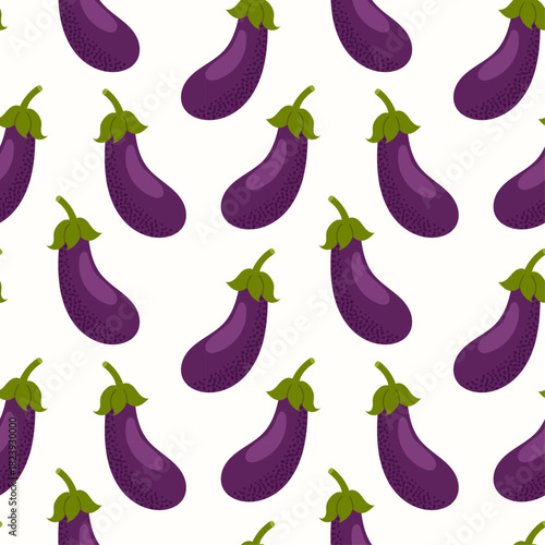 Seamless eggplant pattern. Repeating purple aubergine vegetables with green stems, flat style. Vector background for fabric, packaging, kitchen decor and organic vegetable designs.