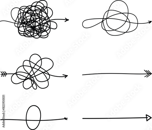 Hand-drawn arrow icon set, metaphorical journey paths, tangled to straight line design, black sketch direction illustration