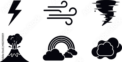 Set of weather and natural phenomena icons lightning, wind, tornado, volcano, rainbow, and cloud