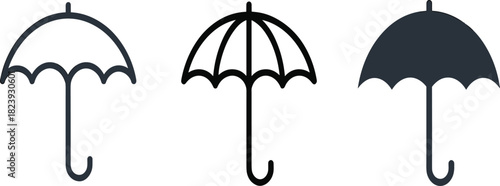 Umbrella icon set, black silhouette canopy styles, curved handle design, rain protection symbols, graphic weather illustration