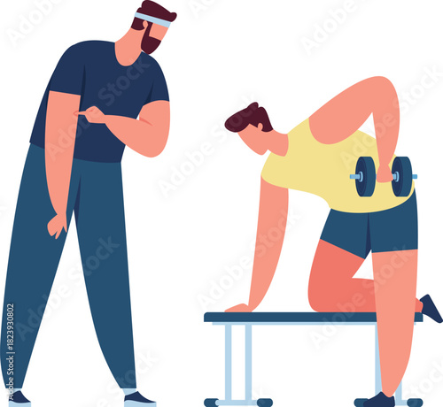 Personal trainer guiding man performing dumbbell row exercise