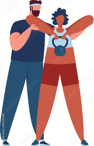 Personal trainer assisting woman with kettlebell exercise