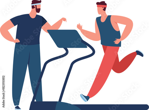 Personal trainer guiding man training on treadmill