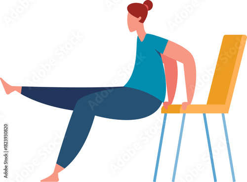 Woman doing tricep dips with chair for home fitness