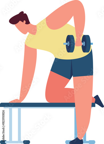 Man training arm and back with dumbbell row