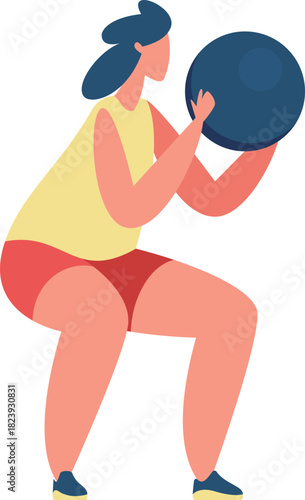 Woman exercising squatting with fitness ball workout