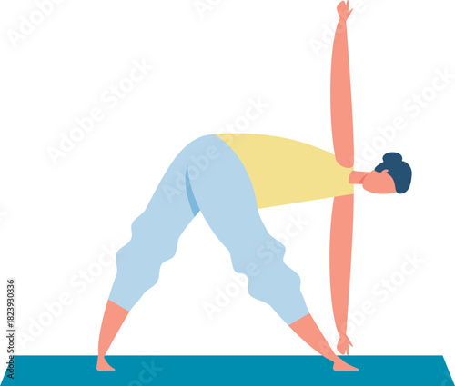 Woman practicing yoga Trikonasana pose on mat