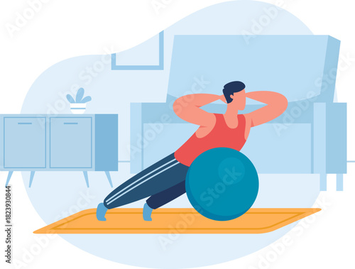 Man doing home workout with stability ball